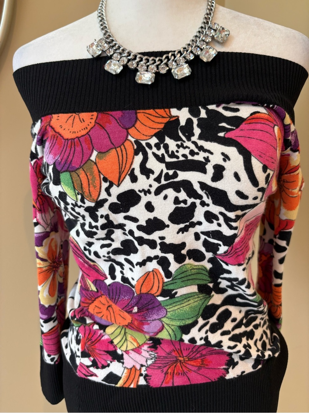 Cache Floral Convertible Knit Top Floral On or Off Shoulder Amazing! Size Large